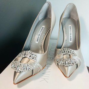 Manolo Blahnik - Grey Satin Maidup Pump 70mm (NWT)